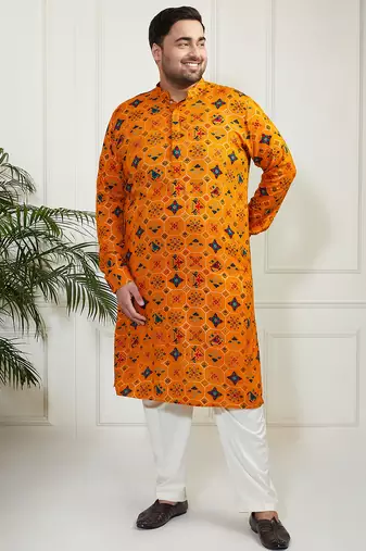 Men's yellow and cream cotton blend kurta pyjama set