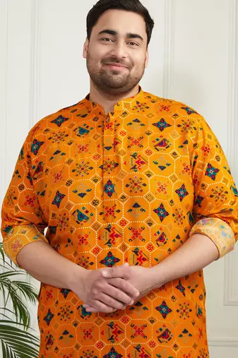 Men's yellow and cream cotton blend kurta pyjama set