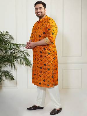 Men's yellow and cream cotton blend kurta pyjama set 4