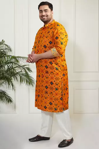 Men's yellow and cream cotton blend kurta pyjama set