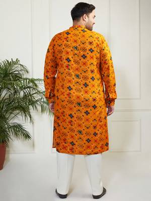 Men's yellow and cream cotton blend kurta pyjama set 5