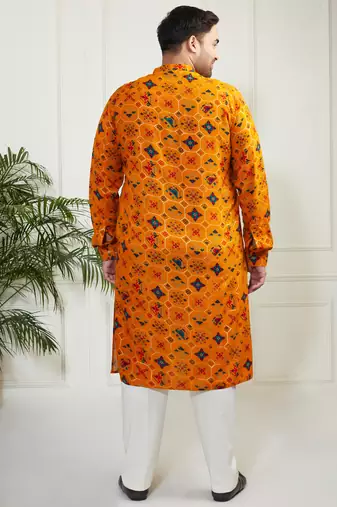 Men's yellow and cream cotton blend kurta pyjama set