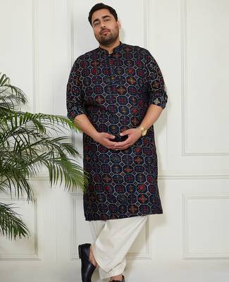 Men's blue and cream cotton blend kurta and patiala set 1
