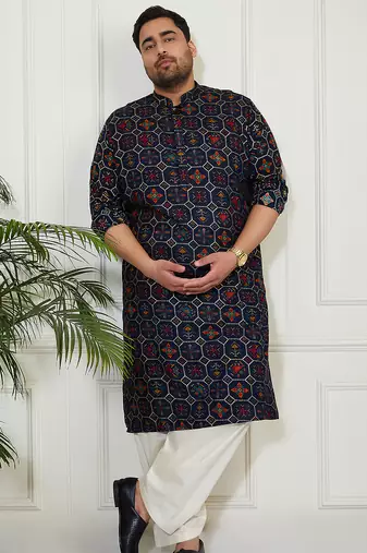 Men's blue and cream cotton blend kurta and patiala set
