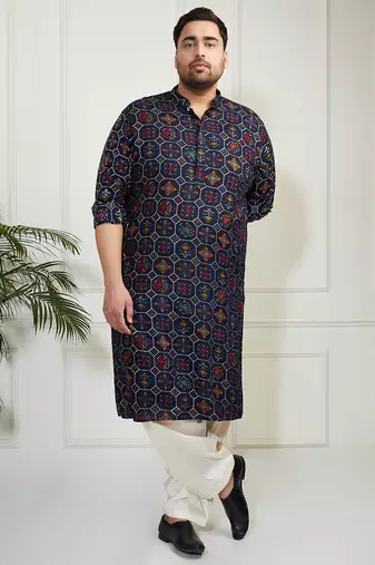 Men's blue and cream cotton blend kurta and patiala set