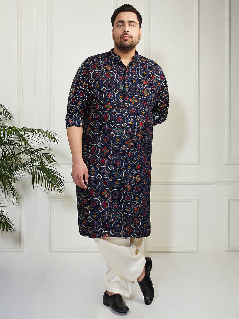 Men's blue and cream cotton blend kurta and patiala set