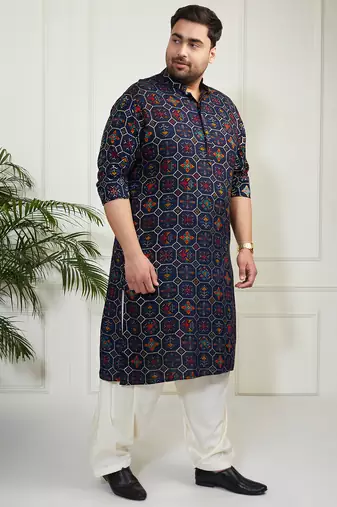 Men's blue and cream cotton blend kurta and patiala set