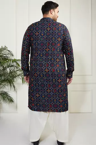 Men's blue and cream cotton blend kurta and patiala set