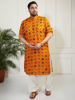 Men's yellow and cream cotton blend kurta and patiala set 1