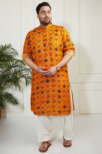 Men's yellow and cream cotton blend kurta and patiala set