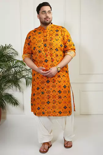 Men's yellow and cream cotton blend kurta and patiala set