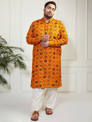 Men's yellow and cream cotton blend kurta and patiala set 2