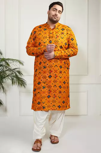 Men's yellow and cream cotton blend kurta and patiala set