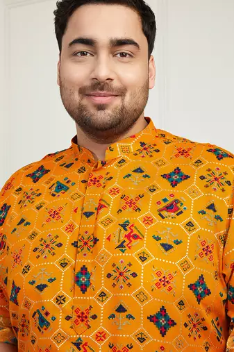 Men's yellow and cream cotton blend kurta and patiala set