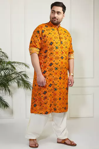 Men's yellow and cream cotton blend kurta and patiala set