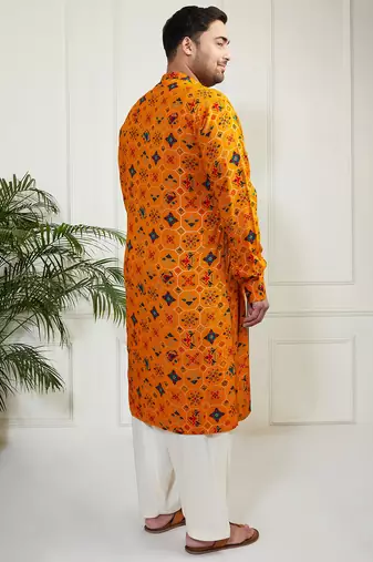 Men's yellow and cream cotton blend kurta and patiala set
