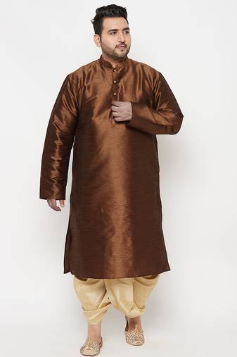 Men's coffee and gold silk blend kurta and dhoti set
