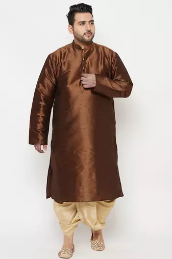 Men's coffee and gold silk blend kurta and dhoti set
