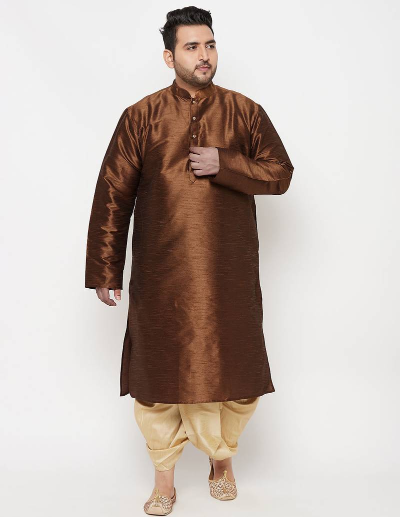 Men's coffee and gold silk blend kurta and dhoti set