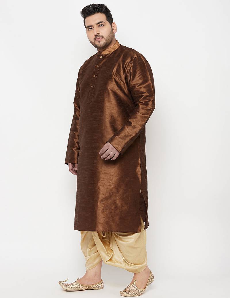 Men's coffee and gold silk blend kurta and dhoti set