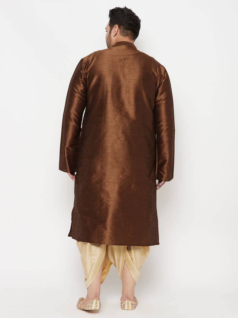 Men's coffee and gold silk blend kurta and dhoti set