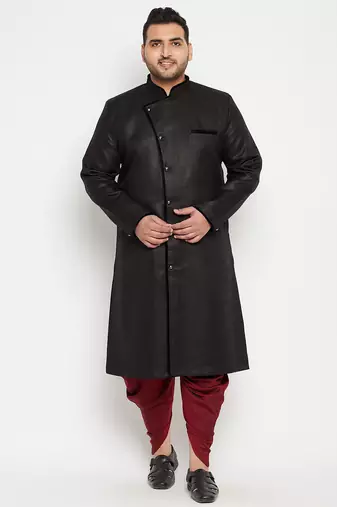 Men's black and maroon silk blend sherwani set