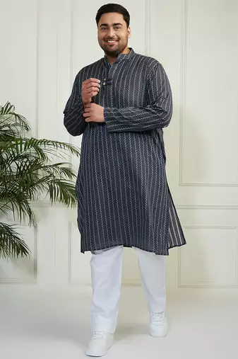 Men's grey and white cotton kurta pyjama set