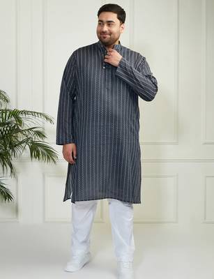 Men's grey and white cotton kurta pyjama set 2