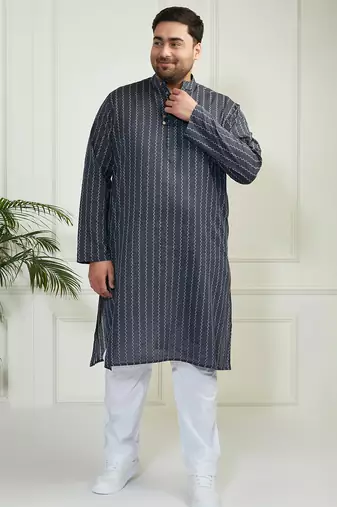 Men's grey and white cotton kurta pyjama set