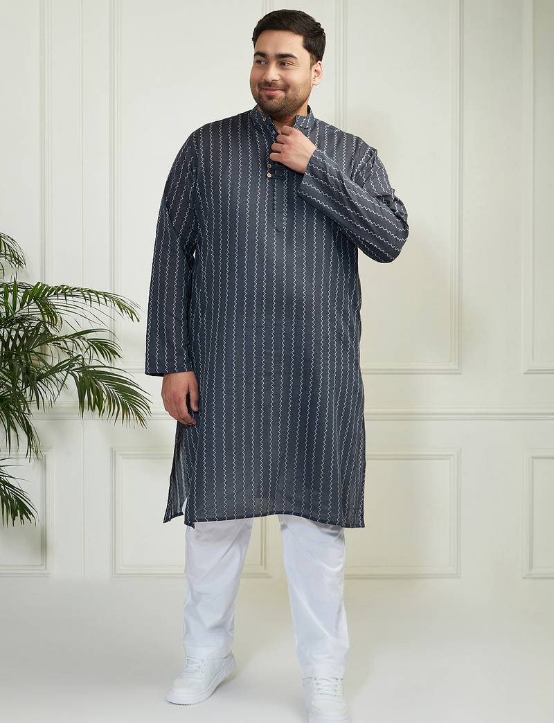 Men's grey and white cotton kurta pyjama set