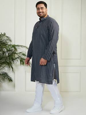 Men's grey and white cotton kurta pyjama set 4