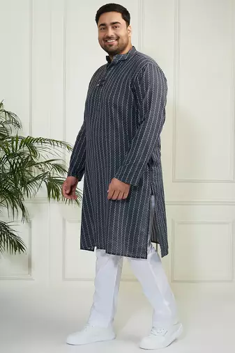 Men's grey and white cotton kurta pyjama set