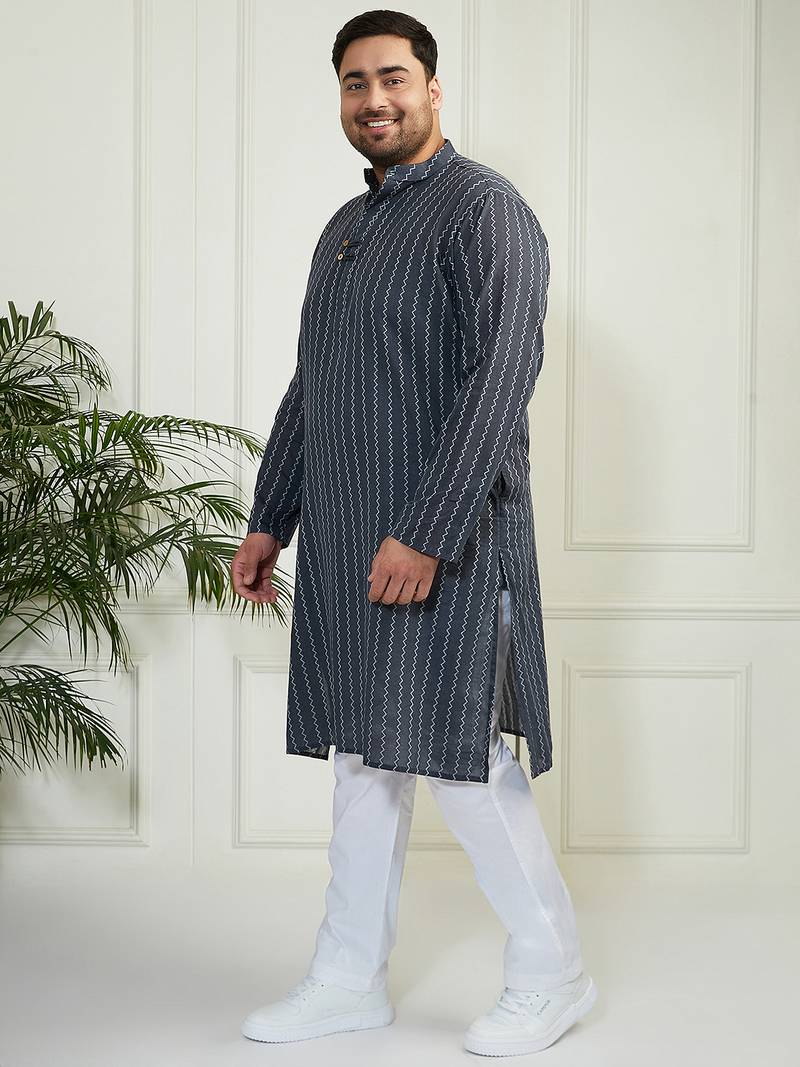Men's grey and white cotton kurta pyjama set