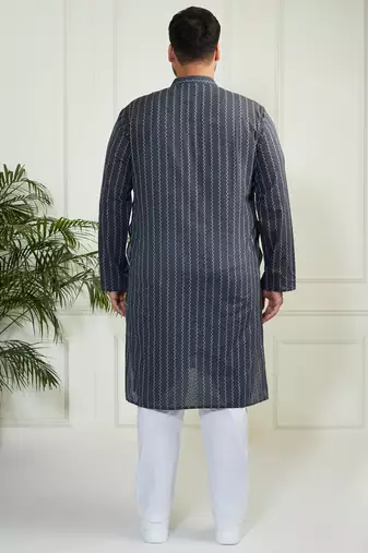Men's grey and white cotton kurta pyjama set