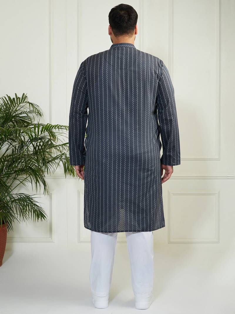 Men's grey and white cotton kurta pyjama set