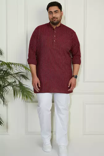 Men's maroon and white cotton kurta pyjama set