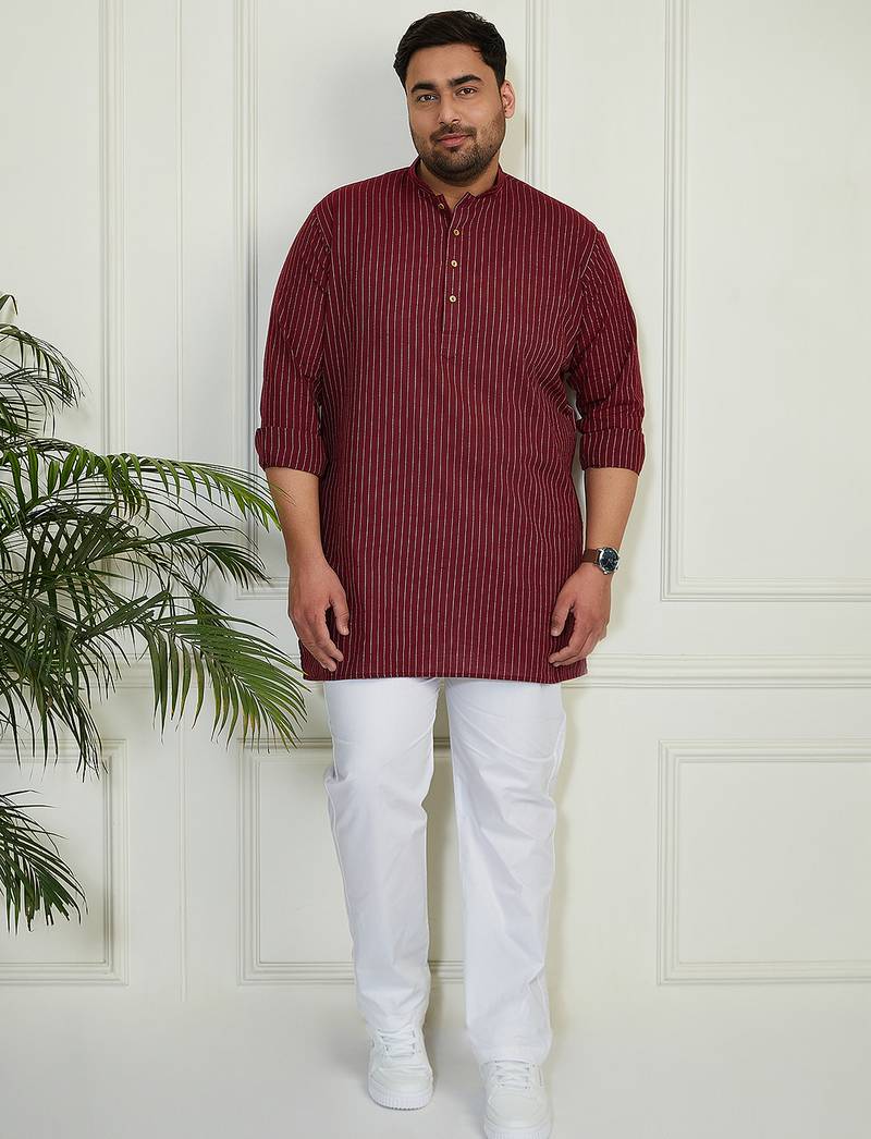 Men's maroon and white cotton kurta pyjama set