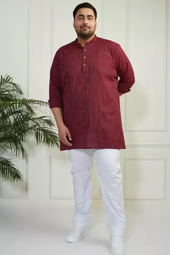Men's maroon and white cotton kurta pyjama set