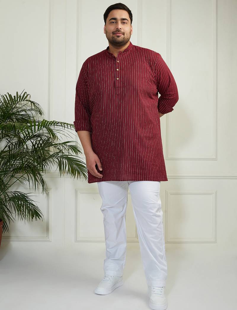 Men's maroon and white cotton kurta pyjama set