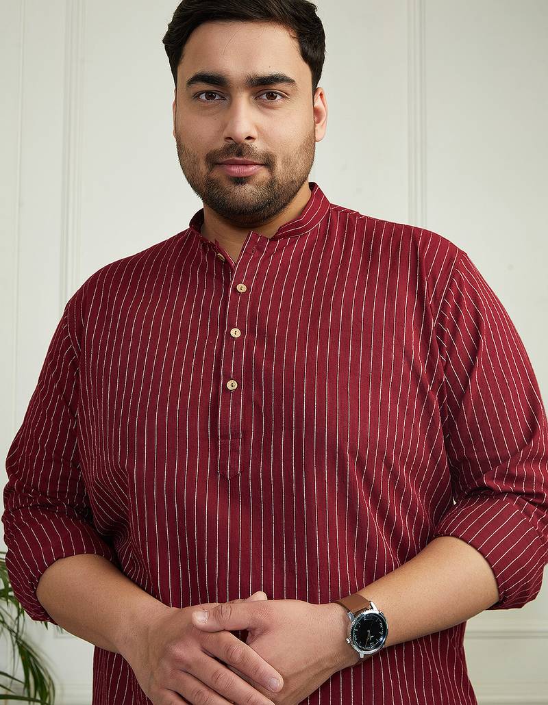 Men's maroon and white cotton kurta pyjama set