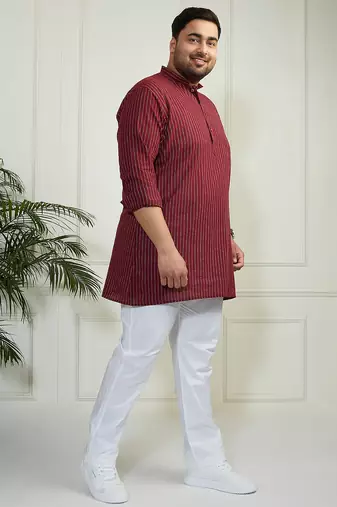 Men's maroon and white cotton kurta pyjama set