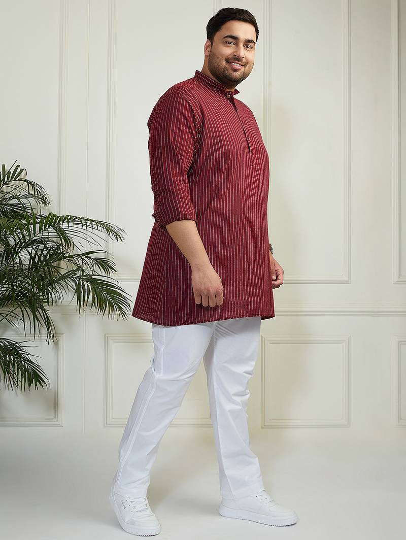 Men's maroon and white cotton kurta pyjama set