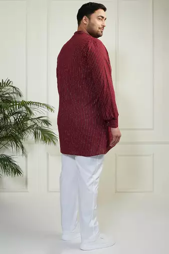 Men's maroon and white cotton kurta pyjama set