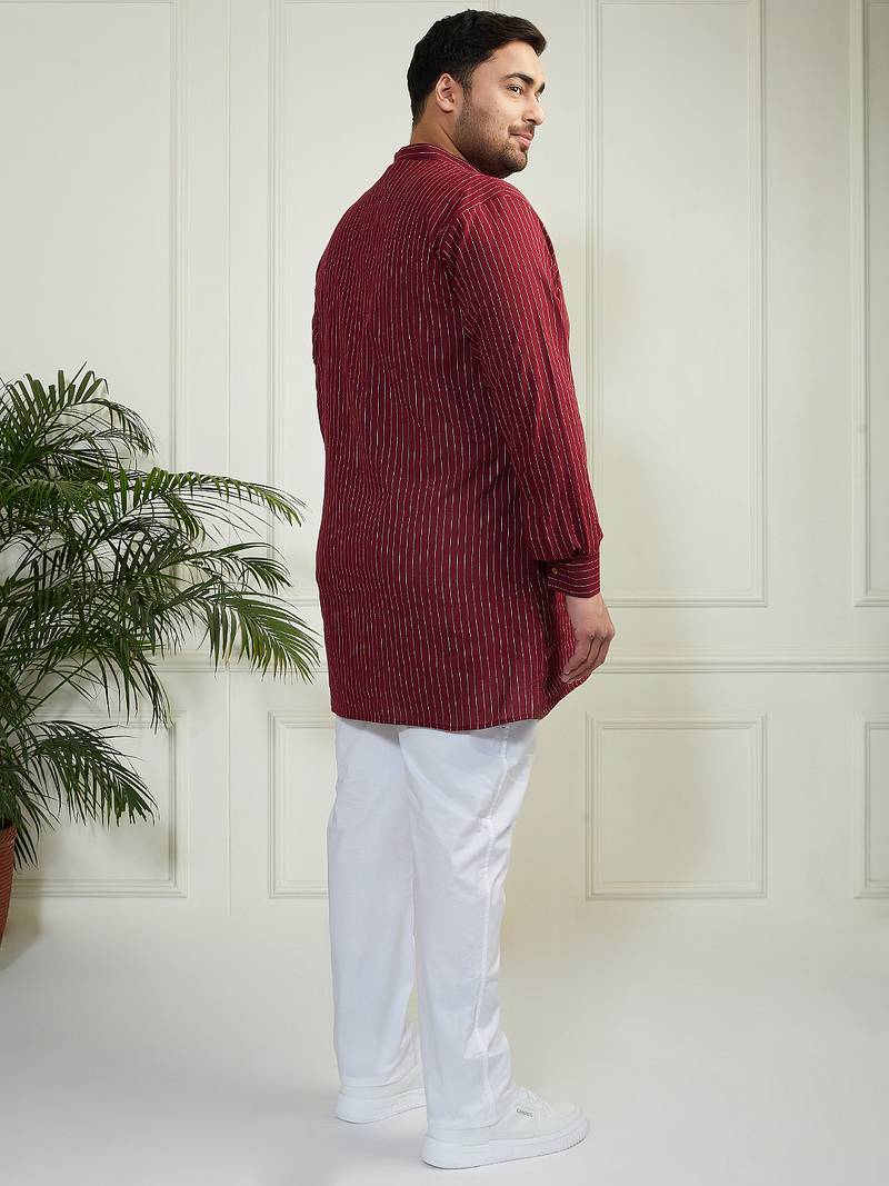 Men's maroon and white cotton kurta pyjama set