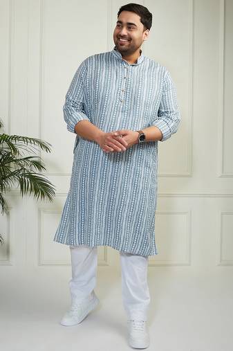 Men's grey and white cotton kurta pyjama set