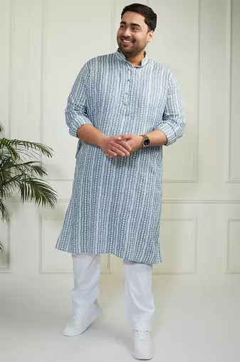 Men's grey and white cotton kurta pyjama set