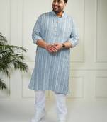 Men's grey and white cotton kurta pyjama set