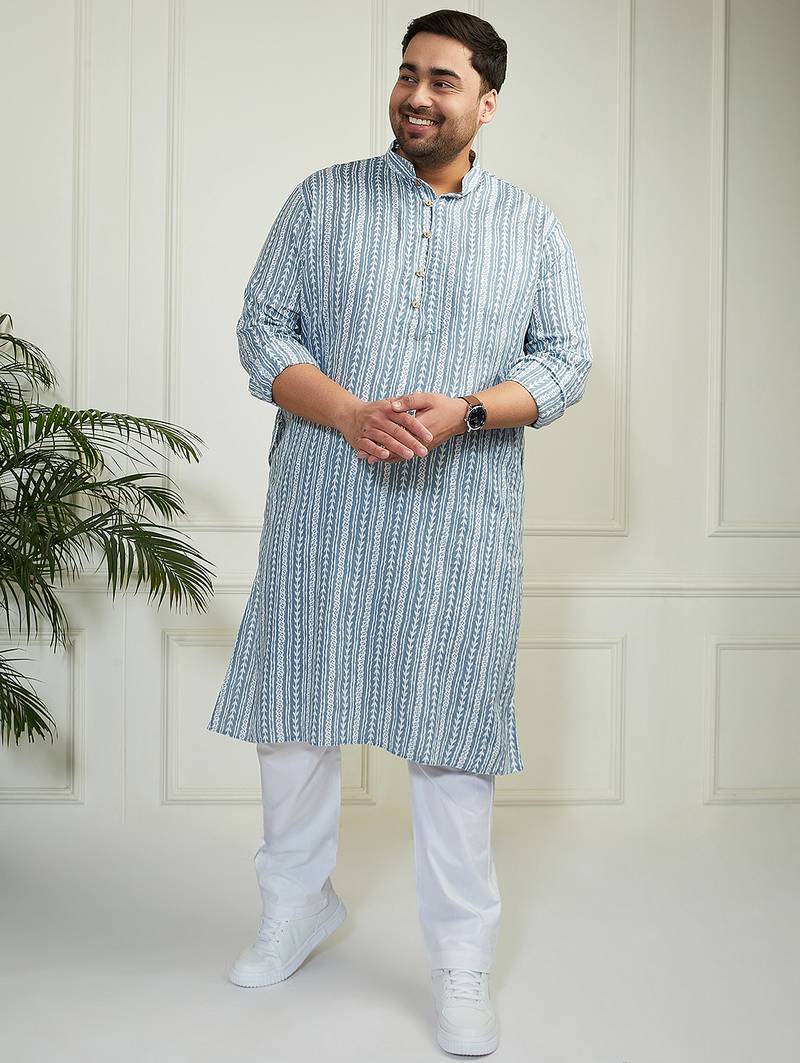 Men's grey and white cotton kurta pyjama set
