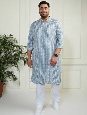 Men's grey and white cotton kurta pyjama set 2