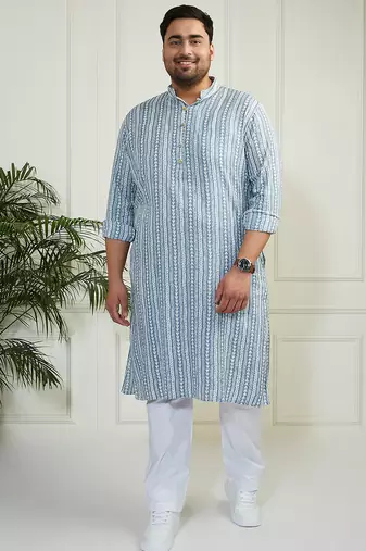 Men's grey and white cotton kurta pyjama set